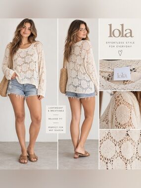 Lola Cream Crochet Open Knit Long Sleeve Boho Sweater Top